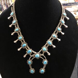 Navajo Artist JM Vintage Sterling & Turquoise Squash Blossom Necklace